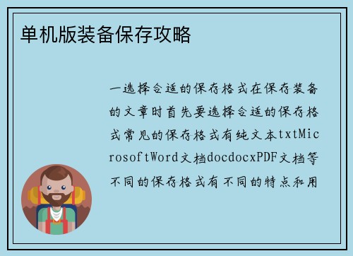 单机版装备保存攻略