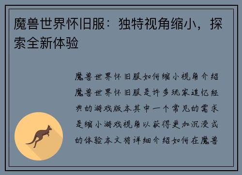 魔兽世界怀旧服：独特视角缩小，探索全新体验